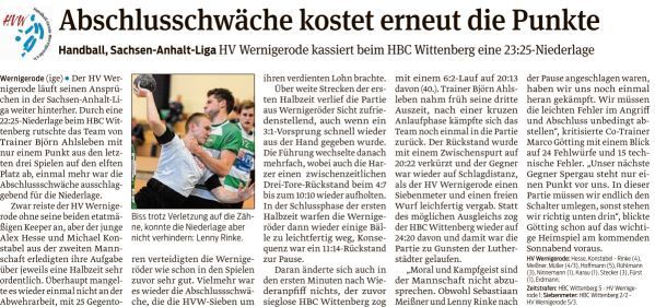 Volksstimme Spielbericht zum Spiel der 1. Mannschaft in Wittenberg